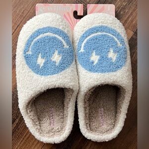 Cozy Cream and Blue Smiley Face Slippers